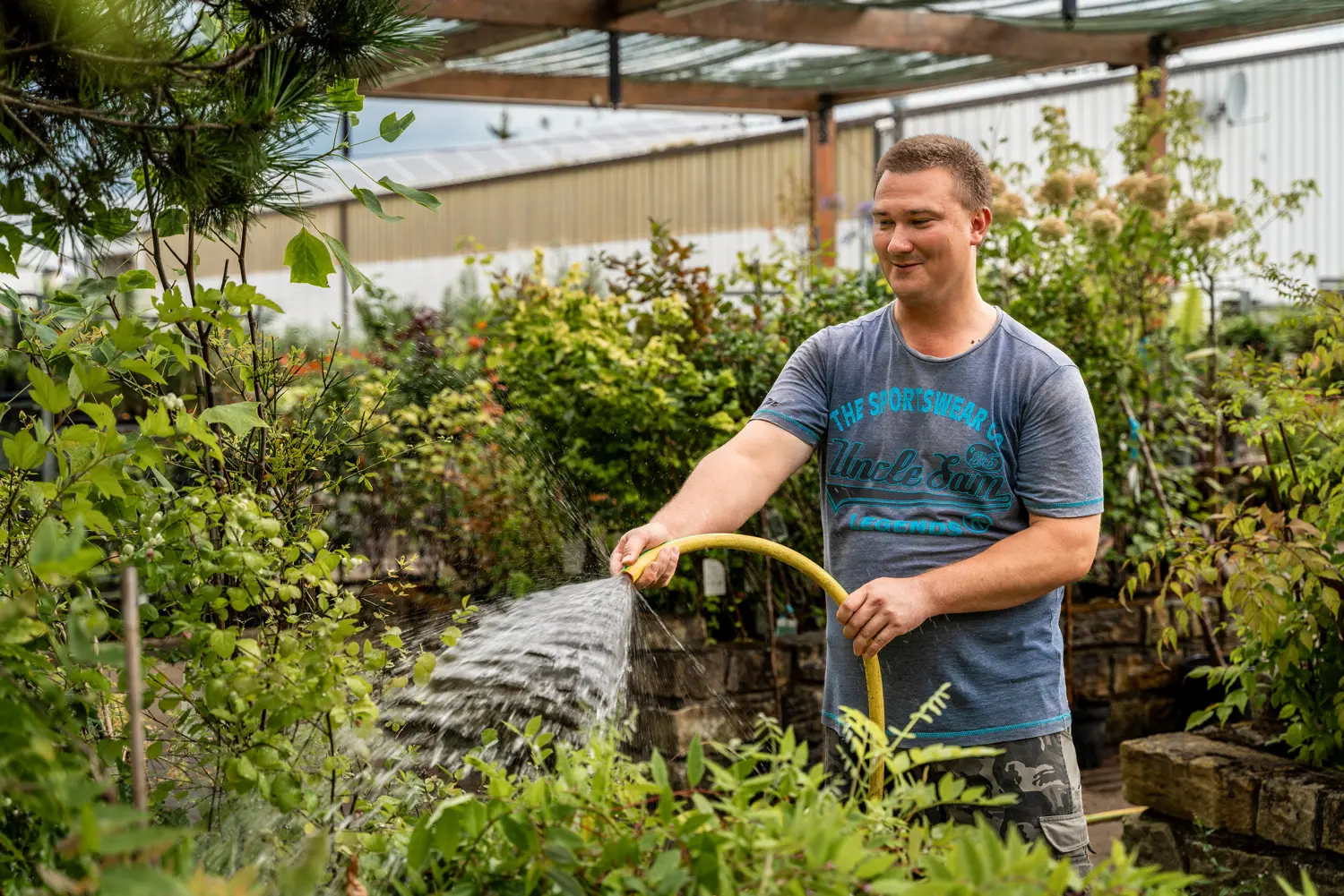 Mann bewässert mit einem Gartenschlauch Pflanzen in einer grünen Gartenanlage.