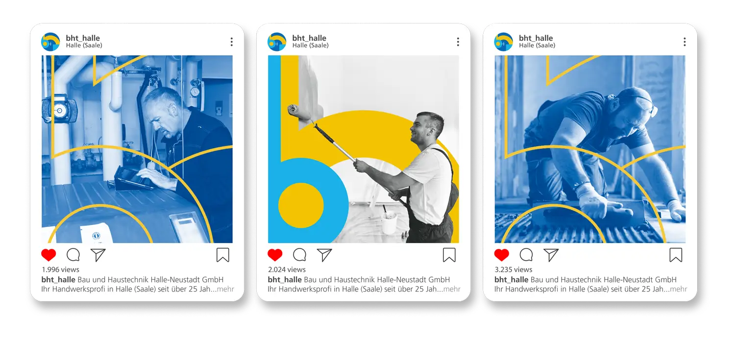 Drei Instagram-Postings mit Handwerkern bei der Arbeit, gestaltet in Blau-Gelb mit dem Logo „bht_halle“.