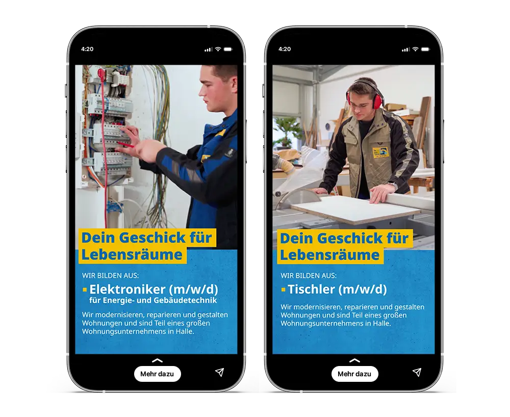 Zwei Instagram-Postings mit Handwerkern bei der Arbeit, gestaltet in Blau-Gelb mit dem Logo „bht_halle“.