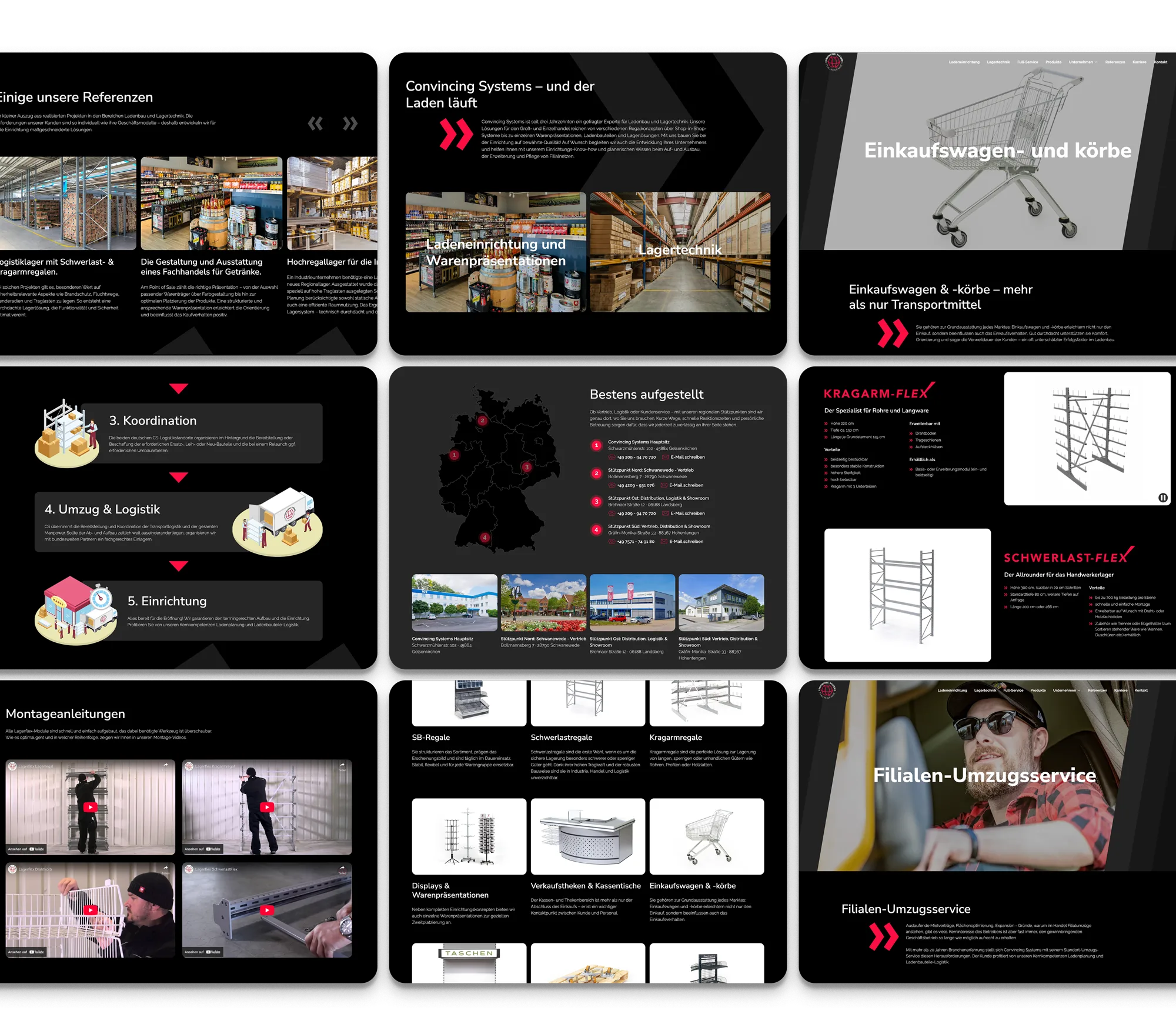 Website-Layout auf schwarzem Hintergrund mit Produktdarstellungen, Karten und Videos zu Regal- und Logistiksystemen.