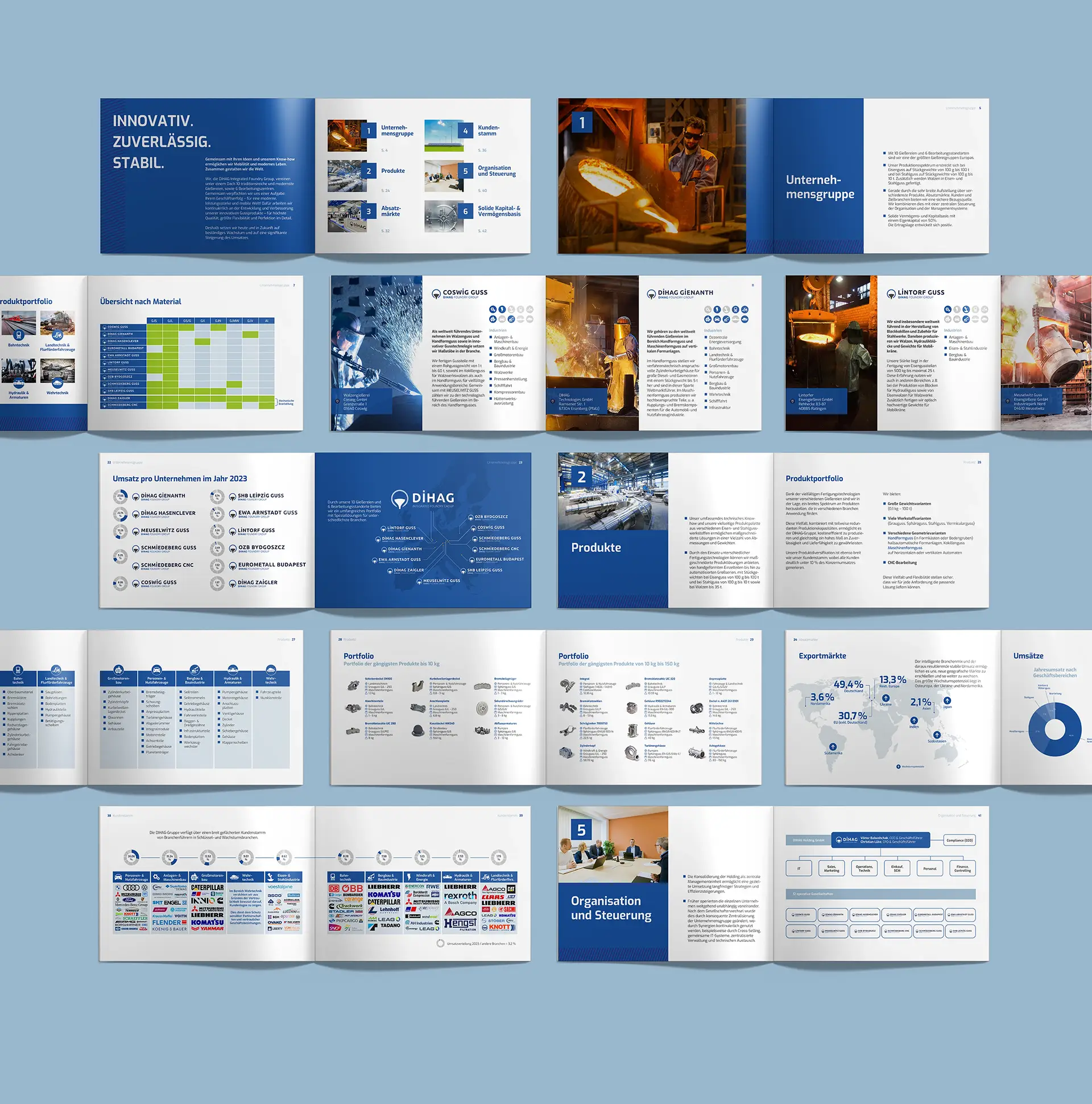Geöffnete Seiten der DIHAG-Unternehmensbroschüre mit Tabellen, Bildern aus der Gießerei und Infografiken im blauen Corporate Design.
