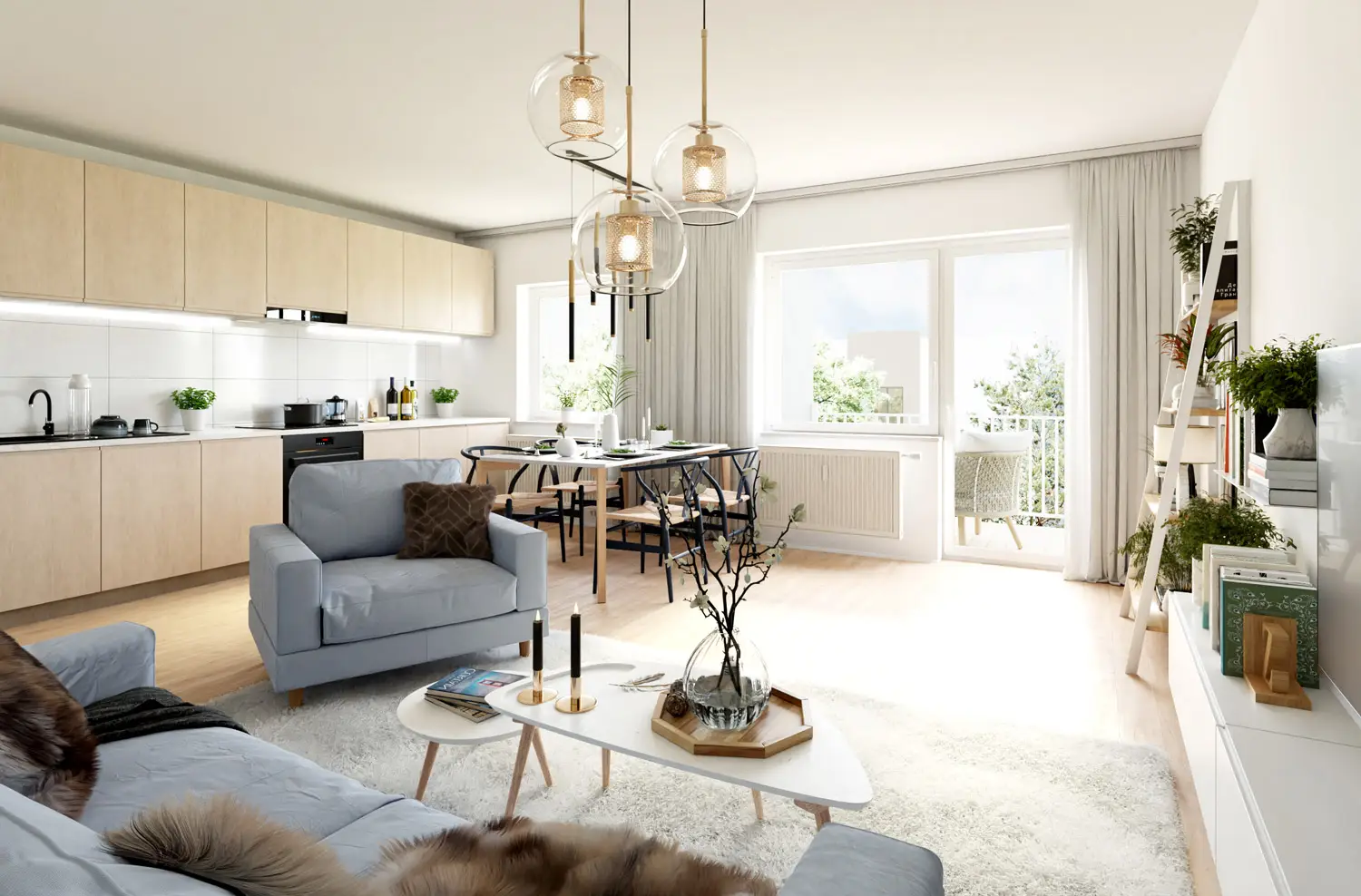 Visualisierung eines modernen, hellen Wohn-Ess-Zimmers mit offener Küche, Sofalandschaft und großen Fenstern.