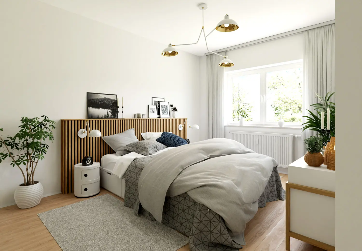 Modern eingerichtetes Schlafzimmer mit Holzlamellen-Kopfteil, großen Fenstern und hellen Textilien in Grau- und Beigetönen.