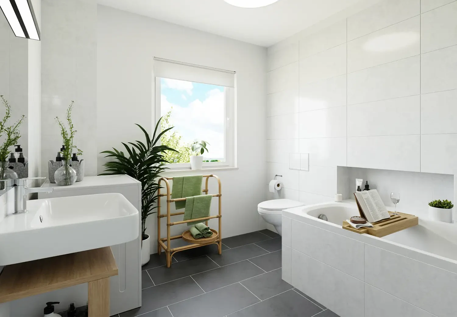 Helles Badezimmer mit Badewanne, Waschbecken und grünen Handtüchern auf einem Bambusregal, minimalistisch und freundlich gestaltet.