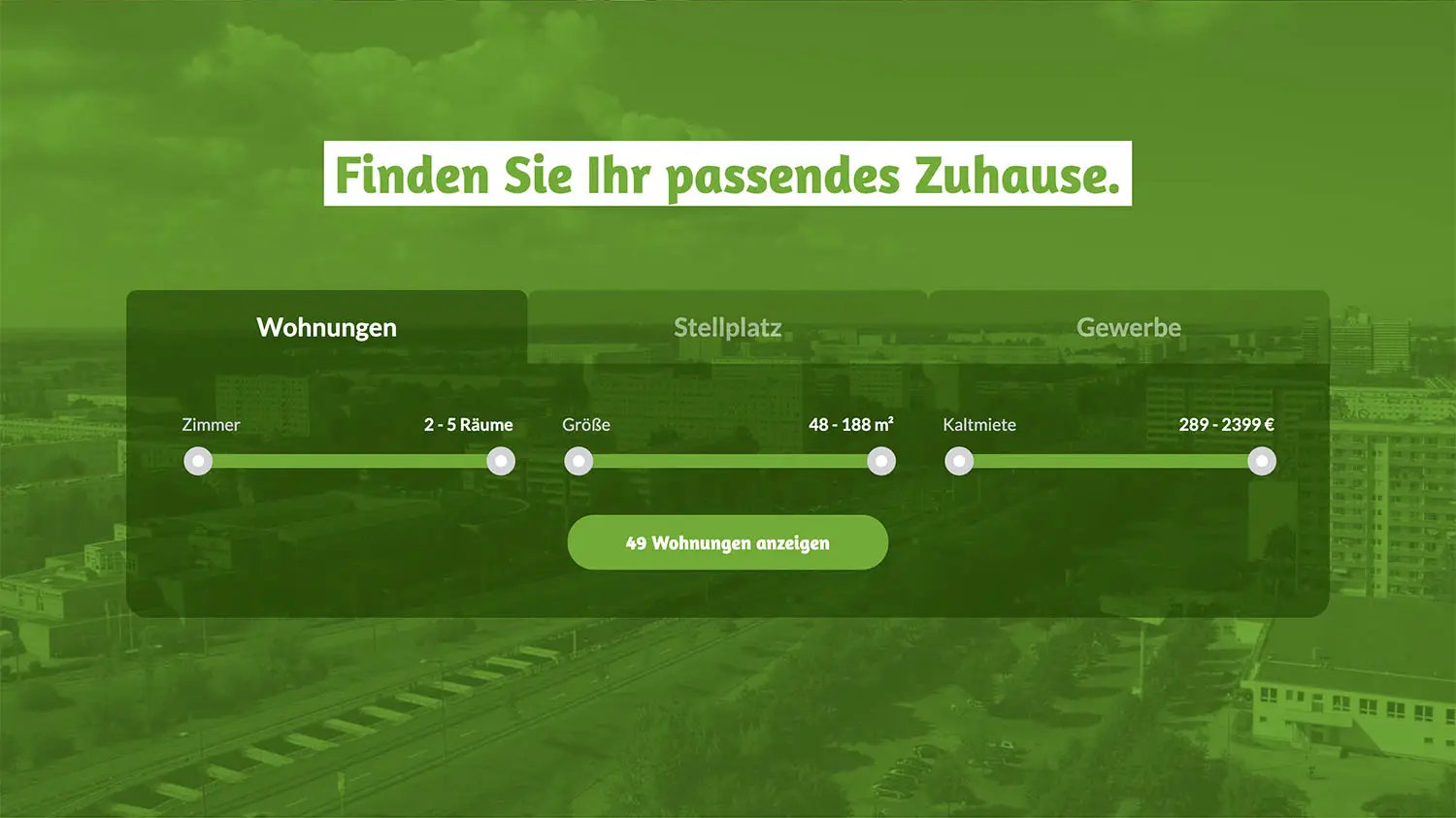 Wohnungssuche mit grünem Filterbereich auf der GWG-Website. Regler für Zimmer, Größe und Kaltmiete. Text: „Finden Sie Ihr passendes Zuhause.“