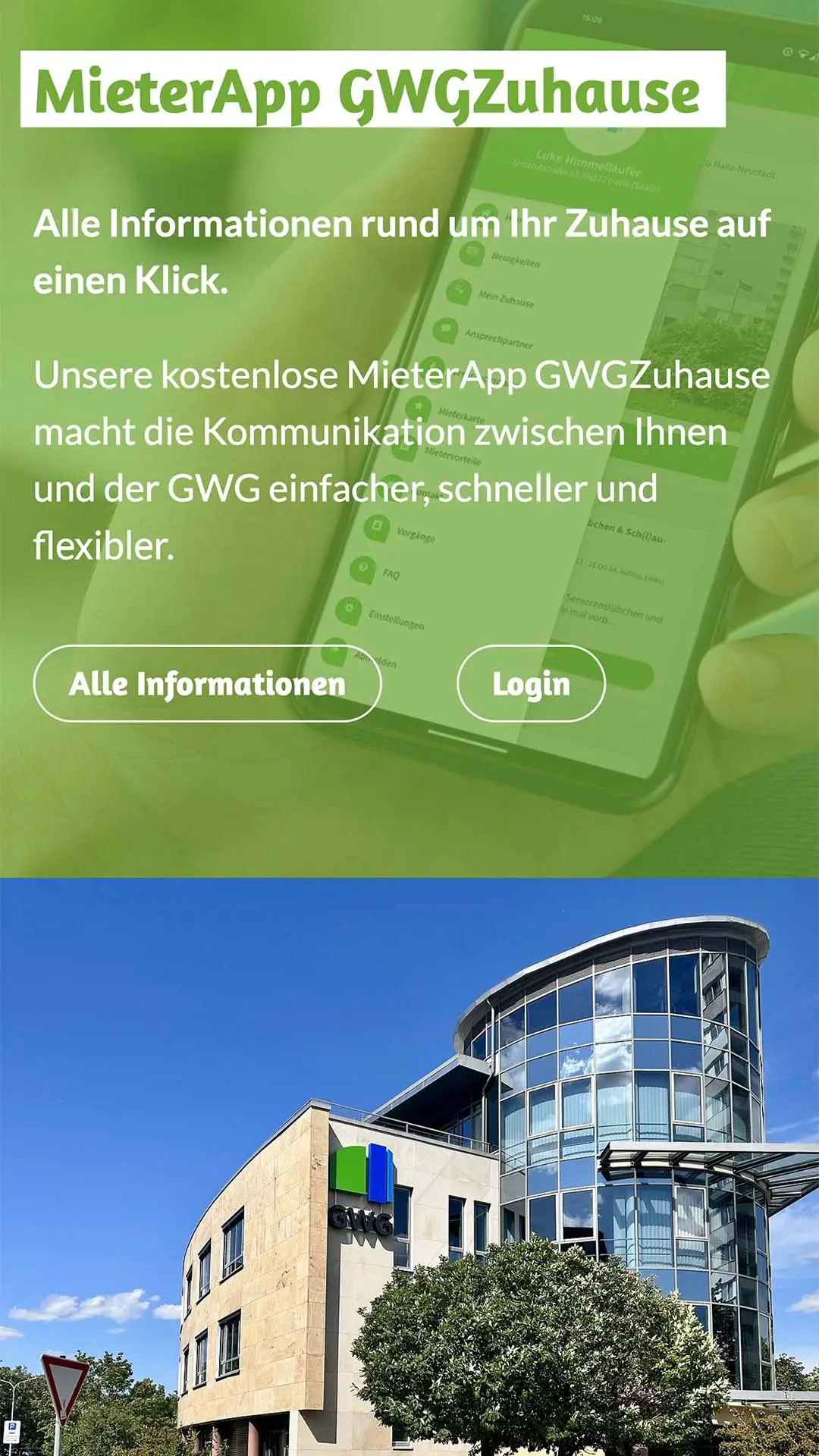 Mobile Website-Ansicht der MieterApp „GWGZuhause“ mit Smartphone-Screenshot und Text über Vorteile der App.