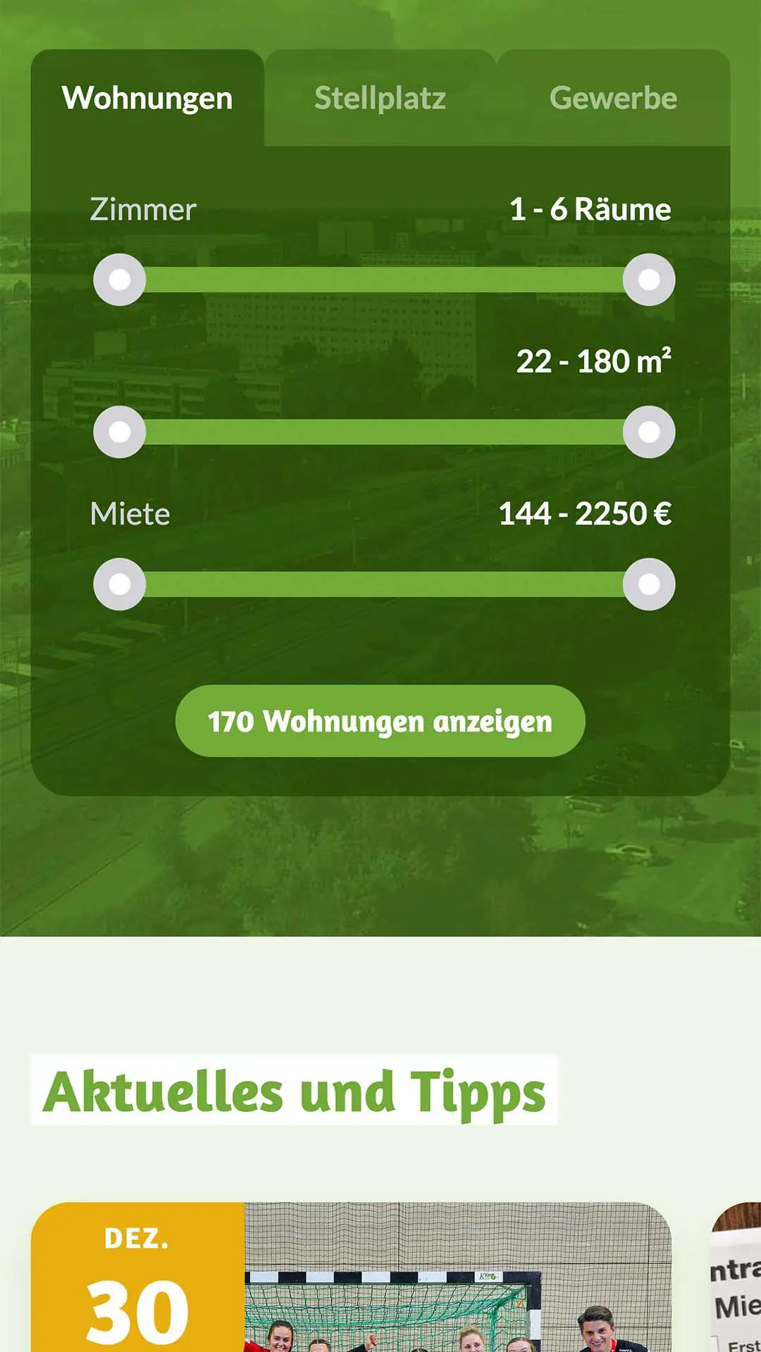 Mobile Website-Ansicht der GWG Halle mit Suchfilter für Wohnungen. Regler für Zimmer, Wohnfläche und Miete sowie Schaltfläche „170 Wohnungen anzeigen“.