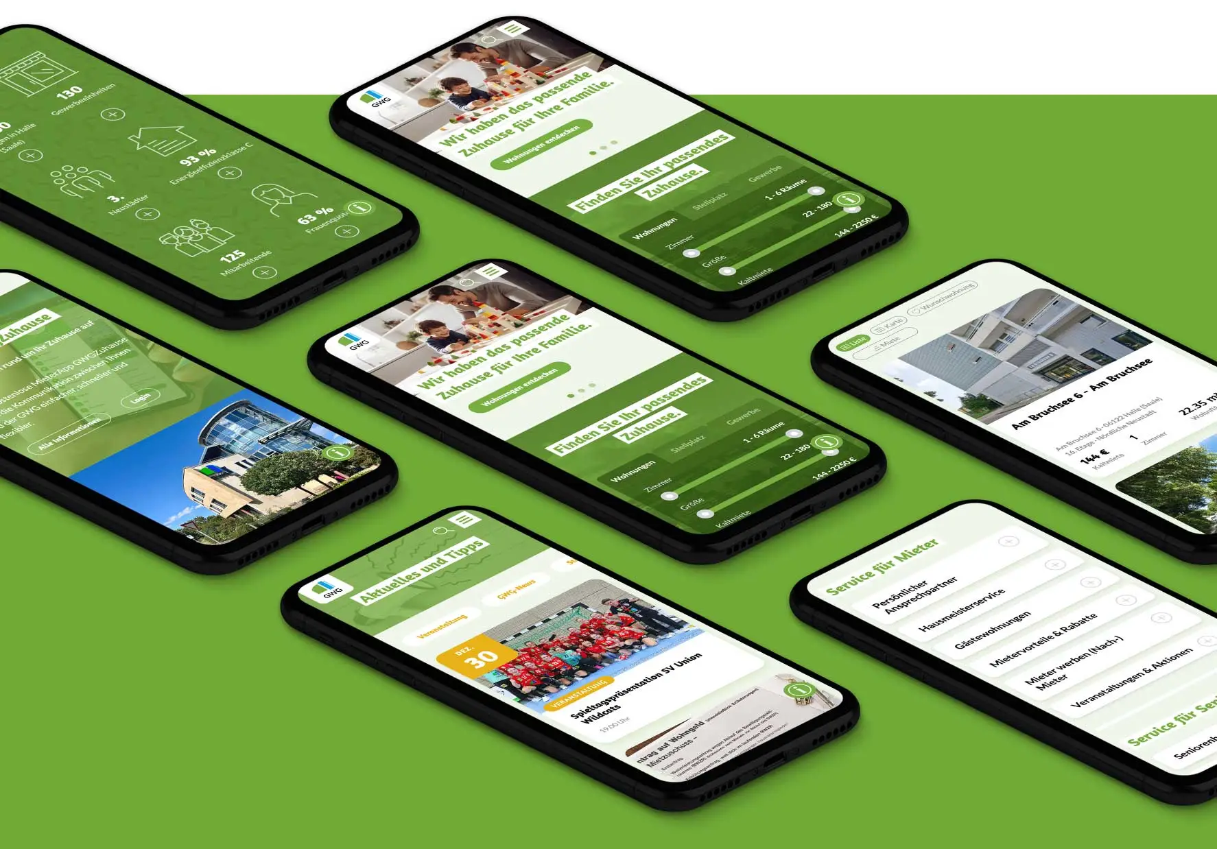 Mehrere Smartphone-Ansichten der GWG-Website auf grünem Hintergrund, mit Bereichen zu Wohnungssuche, Service und Aktuelles.
