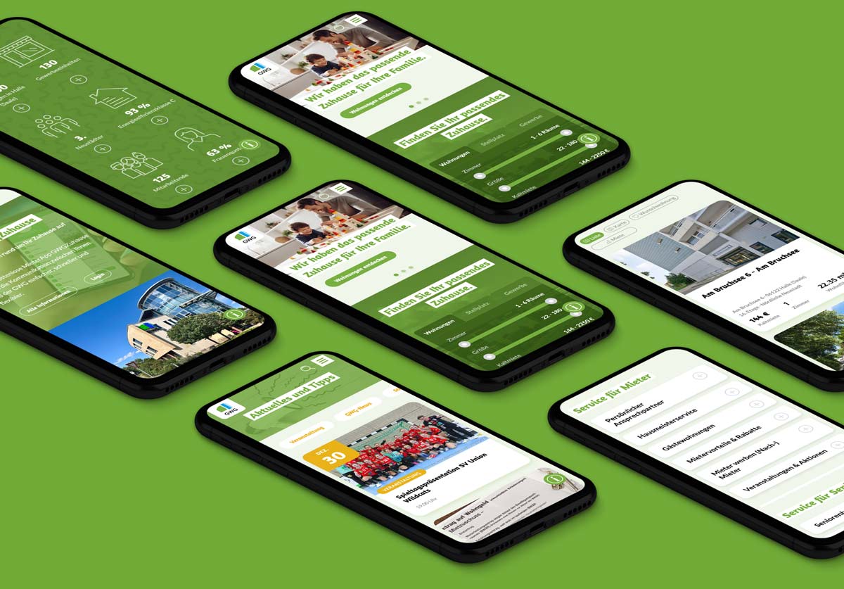 Mehrere Smartphone-Ansichten der GWG-Website auf grünem Hintergrund, mit Bereichen zu Wohnungssuche, Service und Aktuelles.
