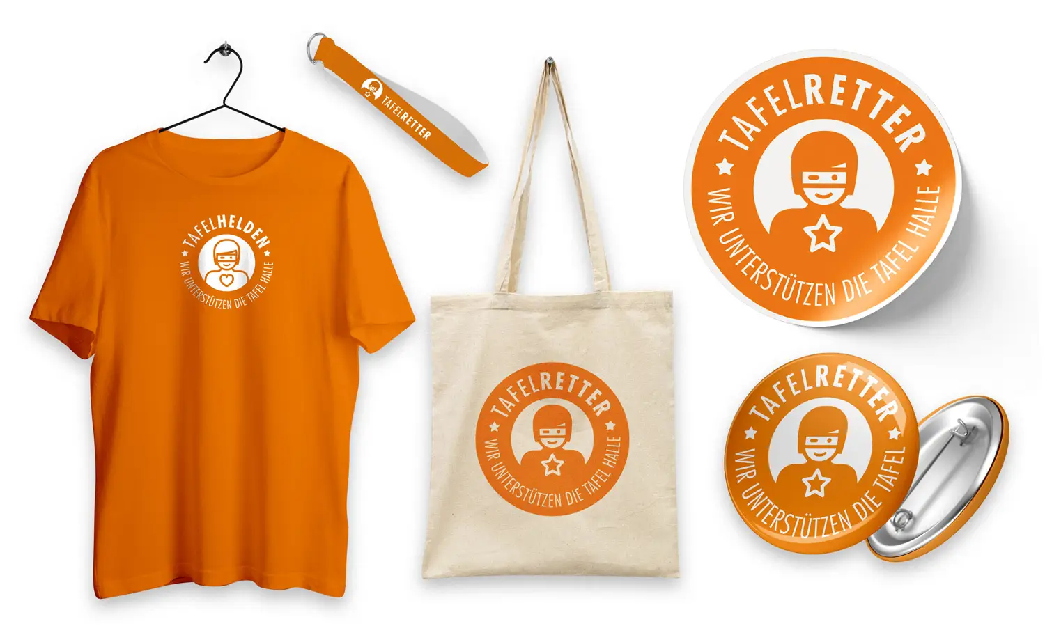 Tafelretter Ausstattung, T-Shirt, Beutel, Aufkleber und Ansteckpin