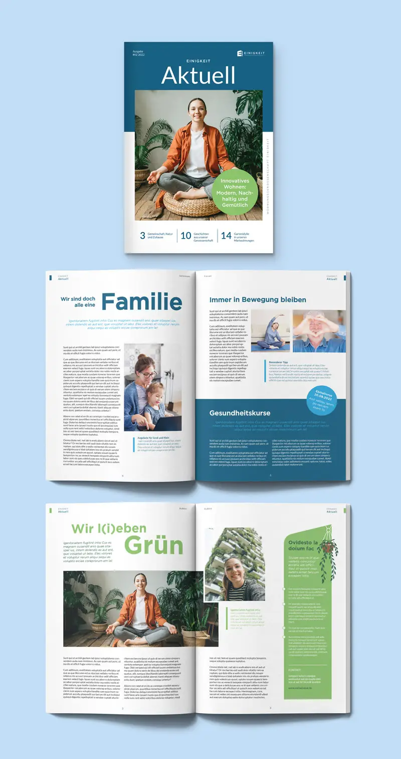 Mieterzeitung Cover und vier Innenseiten eines Mietermagazin